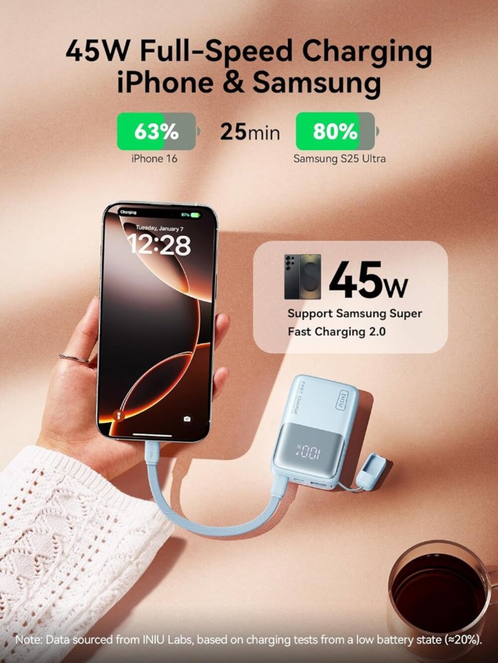 INIU 10000mAh 45W Ultra Mini Portable Charger Power Bank with Cable - Green - Picture 5 of 7